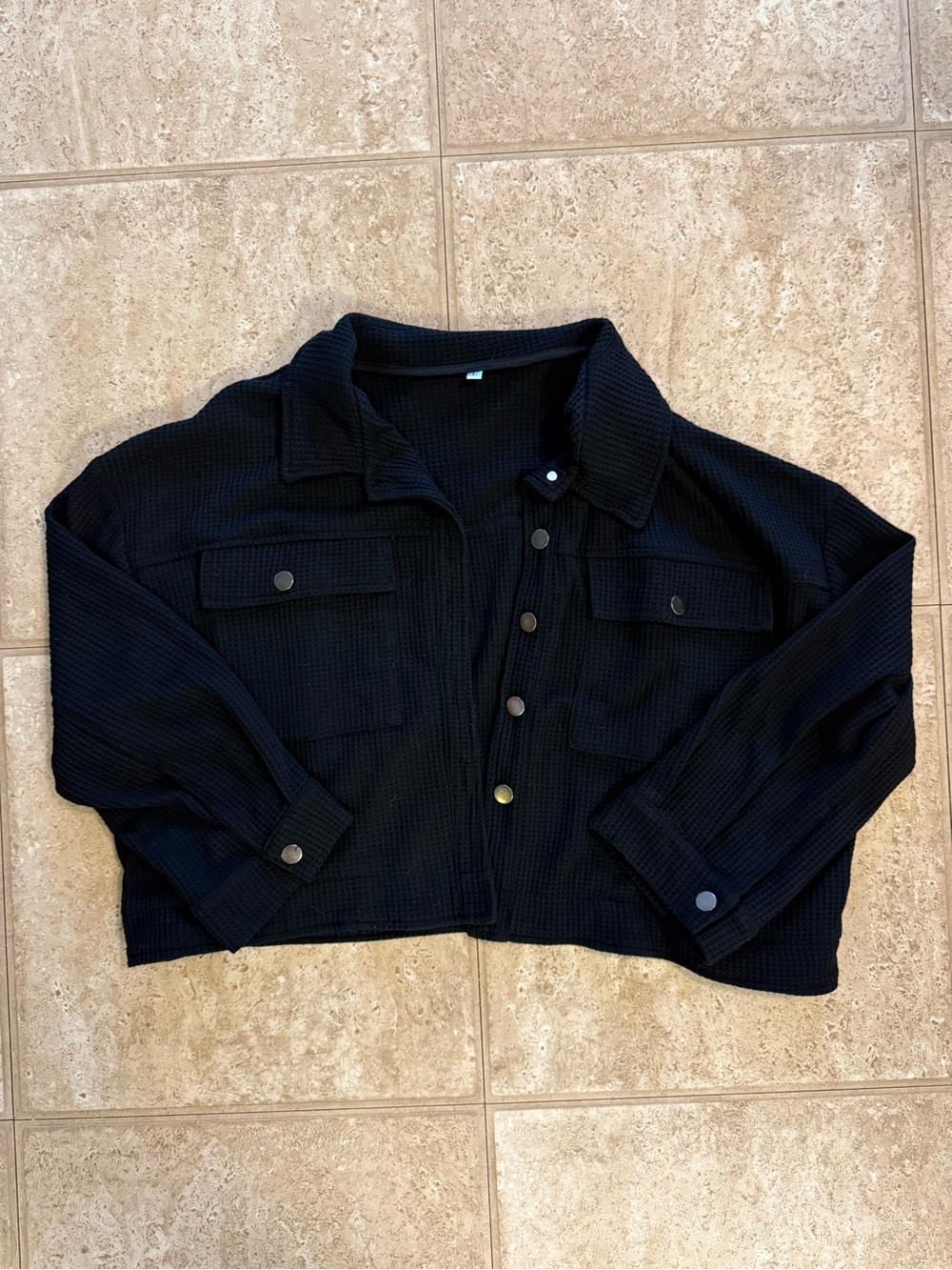 Black Waffle Knit Button-Front Cropped Jacket